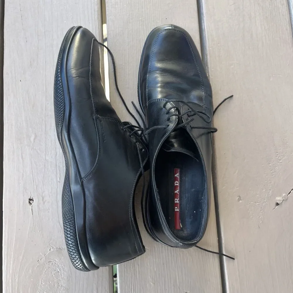 PRADA Men's Leather Derby Oxford Shoes Square Toe Lace-Up Logo Black Size 7.5